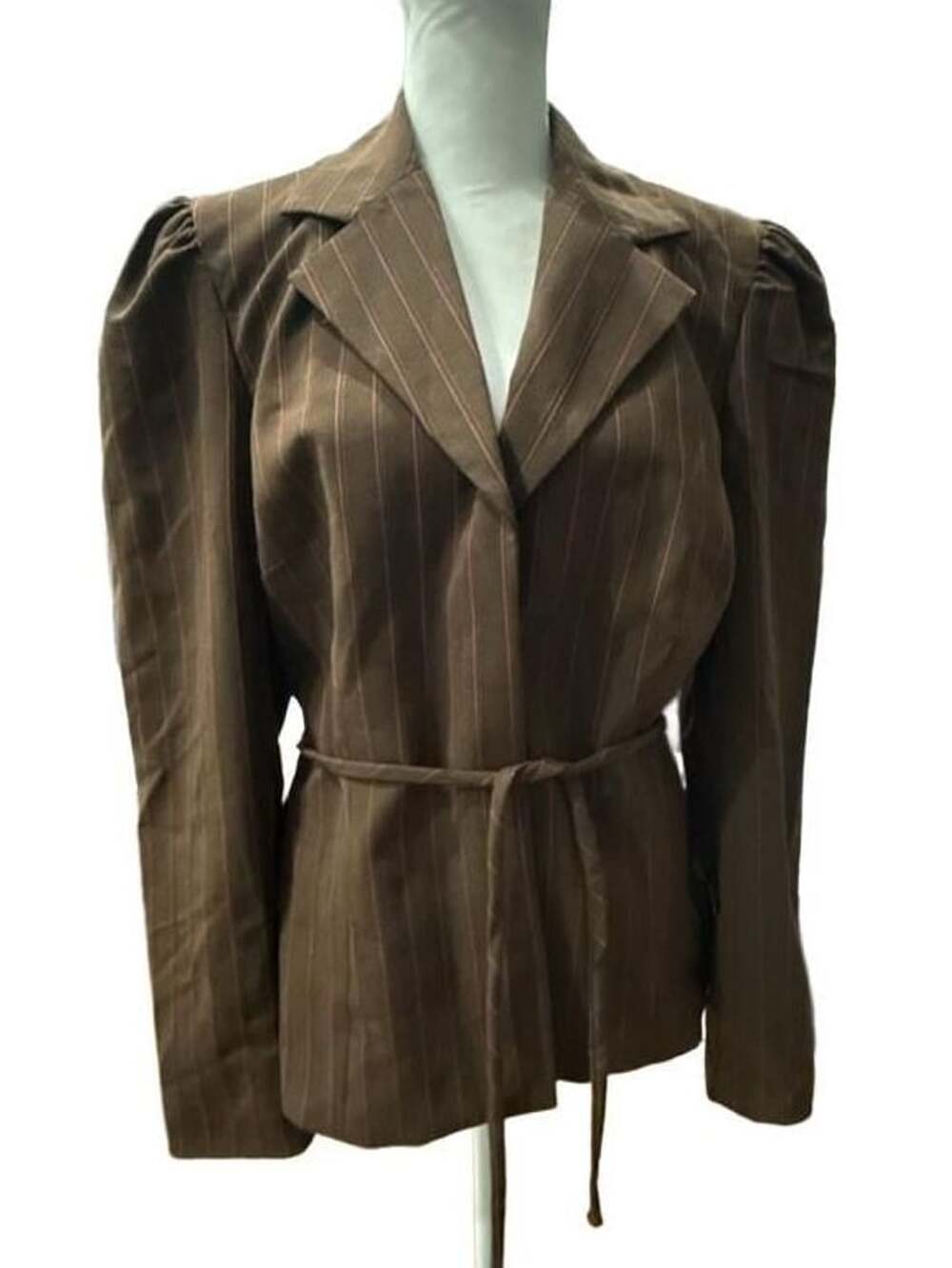 Trina Turk Pinstripe Belted Blazer Size 12 Brown Puffed Shoulder